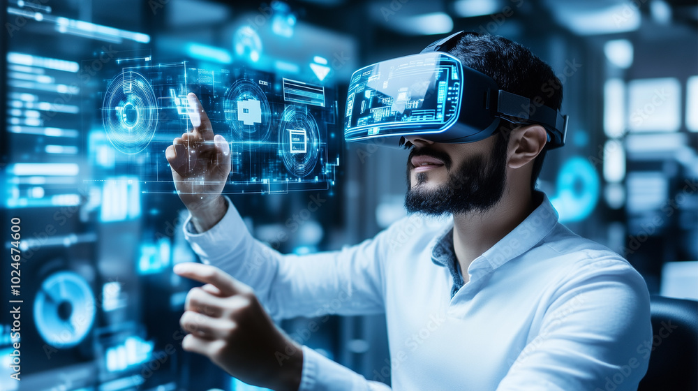 A man is wearing a virtual reality headset and pointing at a screen. Concept of excitement and wonder as the man explores the virtual world A man is wearing a virtual reality headset and pointing at a screen. Concept of excitement and wonder as the man explores the virtual world