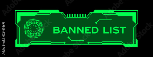 Green color of futuristic hud banner that have word banned list on user interface screen on black background