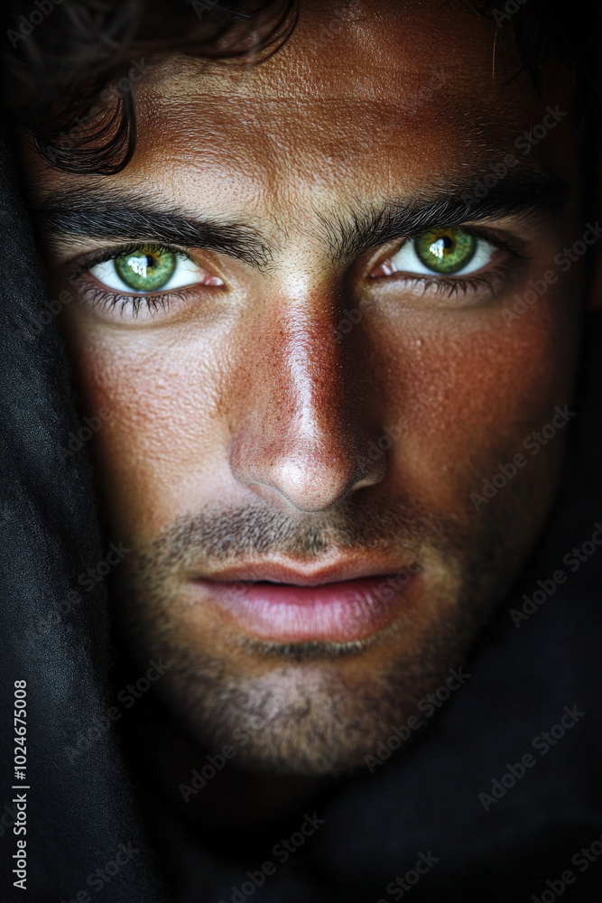 A portrait of a man with intense green eyes, his face illuminated by soft natural light. The surprise in his expression, combined with the close-up focus, creates an impactful image that captures A portrait of a man with intense green eyes, his face illuminated by soft natural light. The surprise in his expression, combined with the close-up focus, creates an impactful image that captures