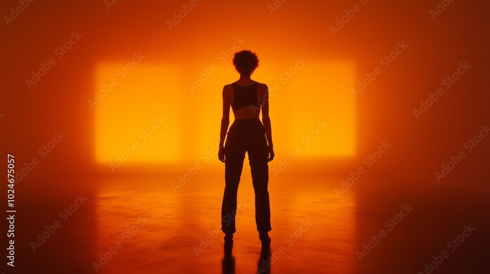 Fototapeta premium A silhouette of a person stands dramatically in front of glowing orange panels in a dimly lit space at night