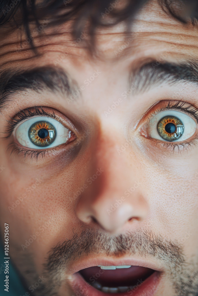 Naklejka premium A portrait of a man with big, expressive hazel eyes, looking directly at the camera in shock. The close-up captures the details of his eyelashes and the glimmer in his eyes, conveying a sense of