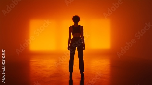 A silhouette of a person stands dramatically in front of glowing orange panels in a dimly lit space at night