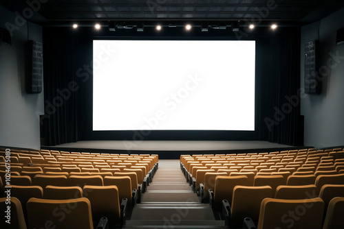 A modern theater interior with empty seats and a large screen.