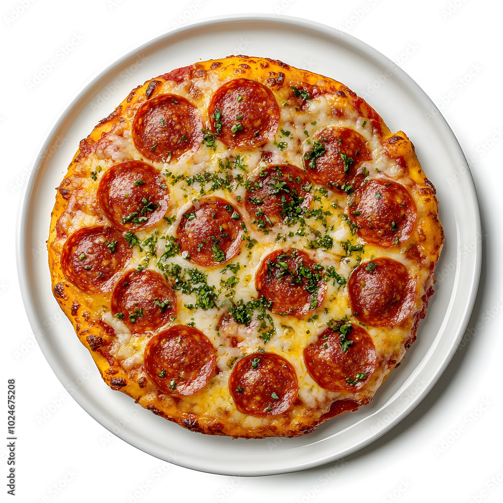 Top view Pepperoni on a plate isolated on a white background Top view Pepperoni on a plate isolated on a white background
