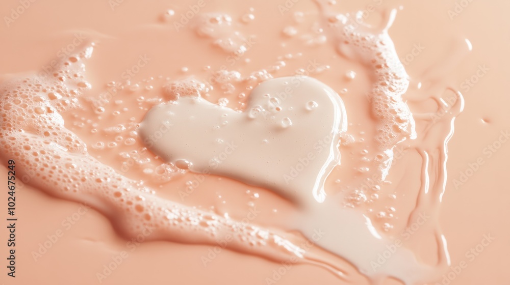 Fototapeta premium Milk puddle shaped like a heart on a pastel peach surface, soft and playful design.