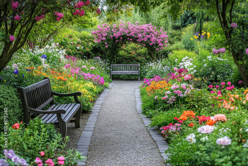 A picturesque garden retreat showcases an array of blooming flowers in vibrant colors, surrounded by neatly trimmed hedges. A charming stone pathway winds its way through the garden, leading to a