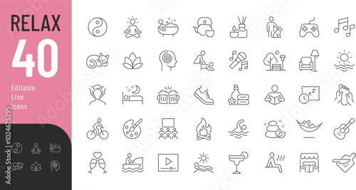 Relax Line Editable Icons set. Vector illustration in modern thin line style of rest related icons: hobby, meditation, spa, and more. Pictograms and infographics for mobile apps