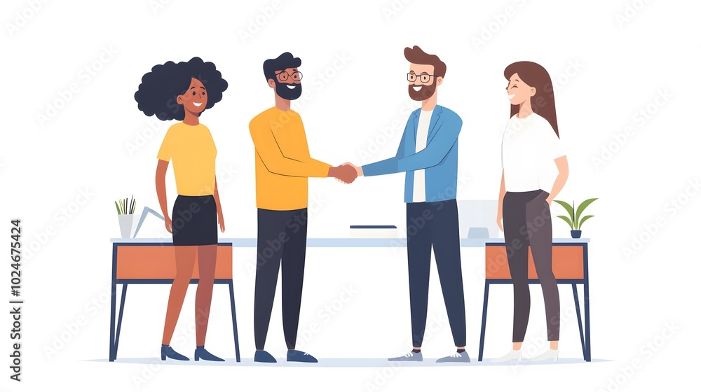 Obraz premium Two colleagues shake hands in a meeting while two others watch on.