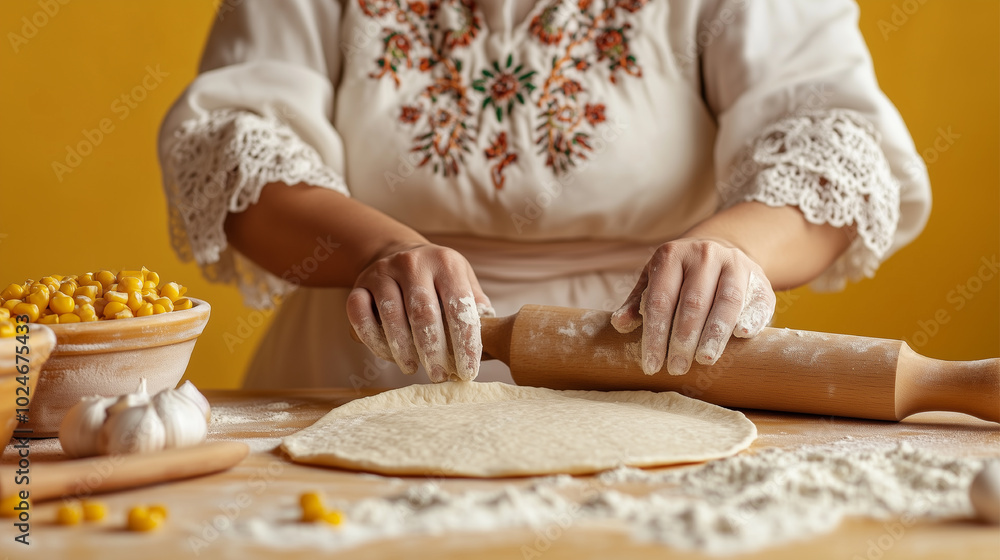 A woman is making a pizza on a table. She is using a rolling pin to flatten the dough A woman is making a pizza on a table. She is using a rolling pin to flatten the dough