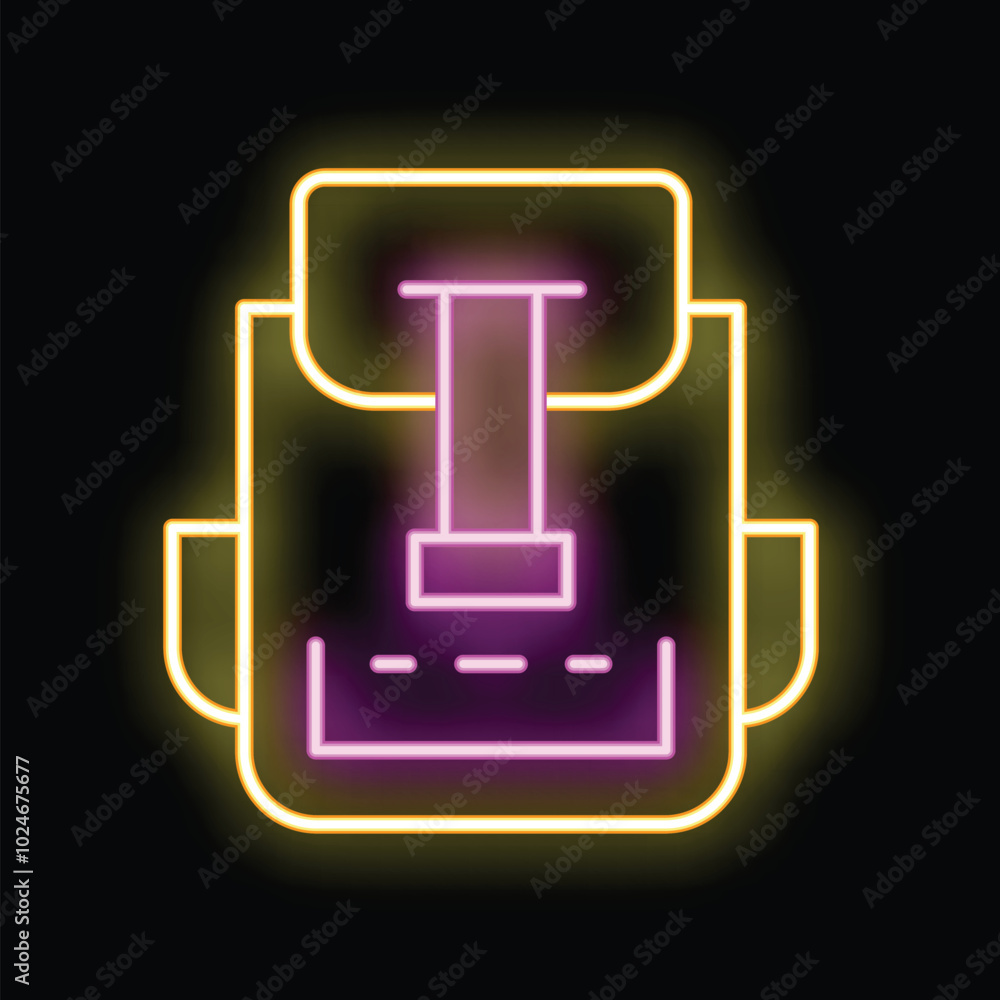 Bright yellow neon sign in the shape of a backpack, glowing on a dark background Bright yellow neon sign in the shape of a backpack, glowing on a dark background