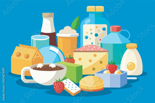 A lively image of various foods on a blue background, including dairy products, desserts, bottles, bowls, and cups, creating a colorful and cheerful scene.
