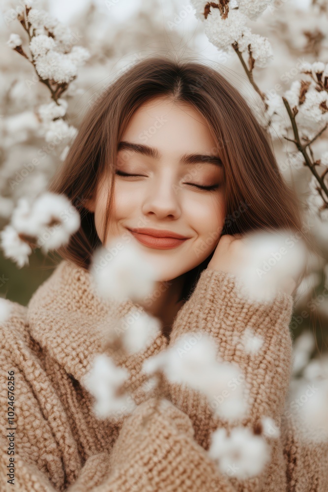 Smiling young woman in cozy sweater among white blossoms – happiness – nature – warmth Smiling young woman in cozy sweater among white blossoms – happiness – nature – warmth