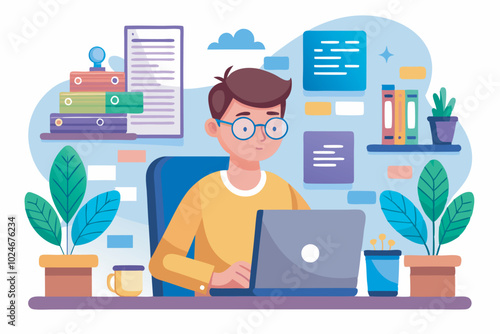 A white man in glasses smirks at a desk with a laptop, potted plants, books, and office items. Cozy study ambiance with purple and blue tones.