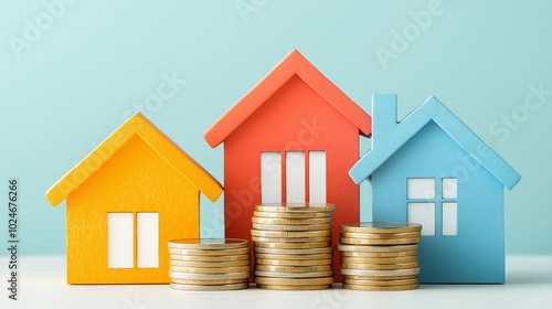 Colorful houses with coins representing investment in real estate.