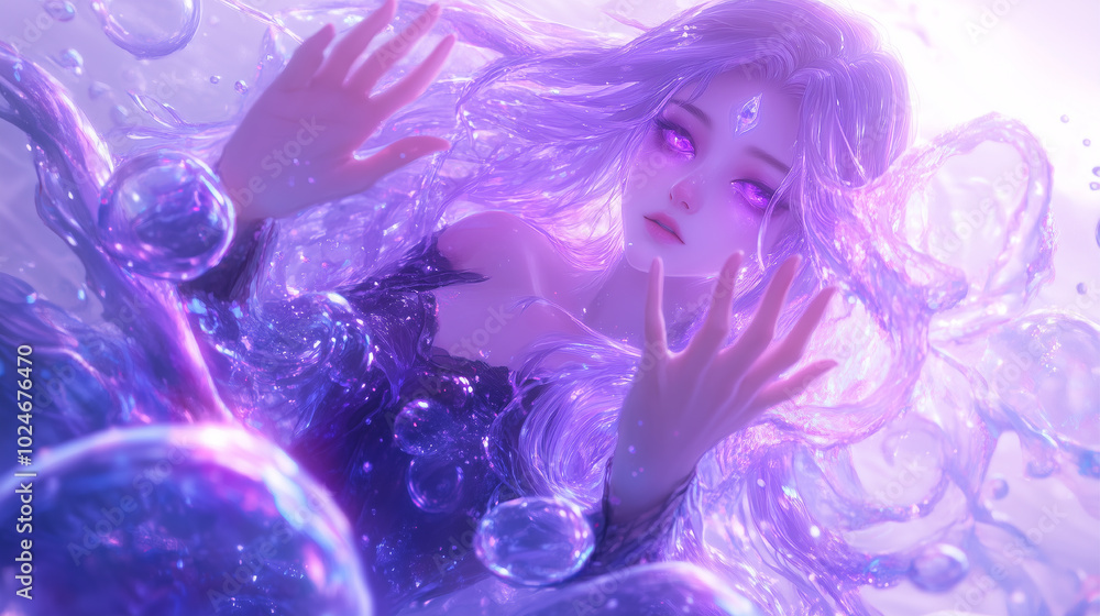 A woman with long purple hair sleeps in a pool of water. The water is filled with diamonds and pearls, creating a dreamy and ethereal atmosphere. A woman with long purple hair sleeps in a pool of water. The water is filled with diamonds and pearls, creating a dreamy and ethereal atmosphere.