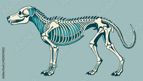 Educational diagram of large dog skeleton on teal background. Detailed bones shown in standing position facing left, with vintage scientific vibe.