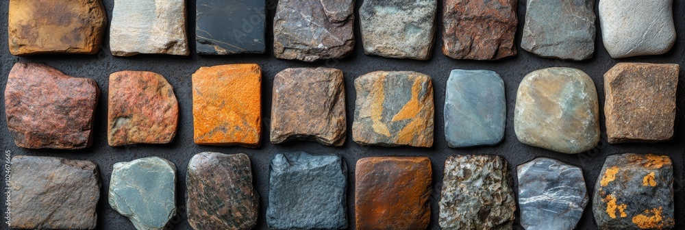 Artful Arrangement of Unique Textured Stones in Diverse Colors and Patterns from Above Artful Arrangement of Unique Textured Stones in Diverse Colors and Patterns from Above