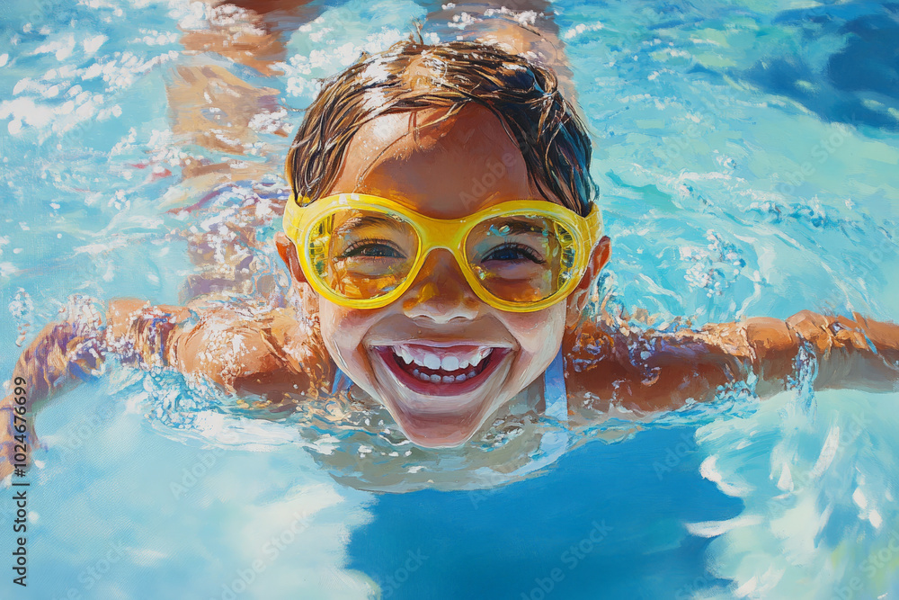 Fototapeta premium A happy little Brazilian girl with bright yellow goggles swims happily in the pool, her laughter filling the air as she turns to her parents poolside. The sun reflects off the water, enhancing the