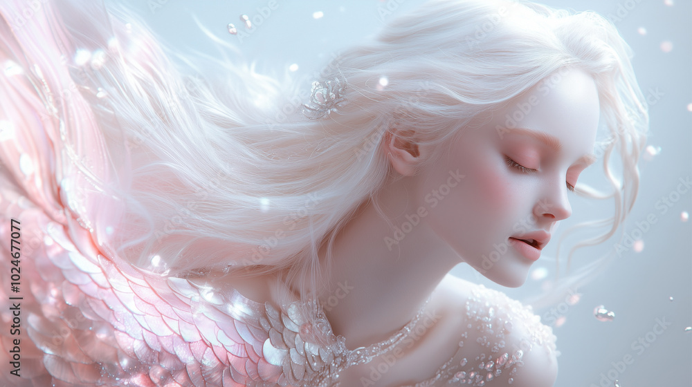 A woman with long blonde hair is sleeping in a pool of water. The water is filled with diamonds and pearls, creating a dreamy and ethereal atmosphere A woman with long blonde hair is sleeping in a pool of water. The water is filled with diamonds and pearls, creating a dreamy and ethereal atmosphere