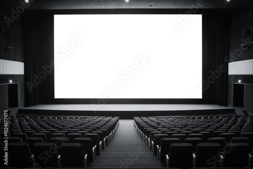 A spacious cinema auditorium with empty seats and a large screen.