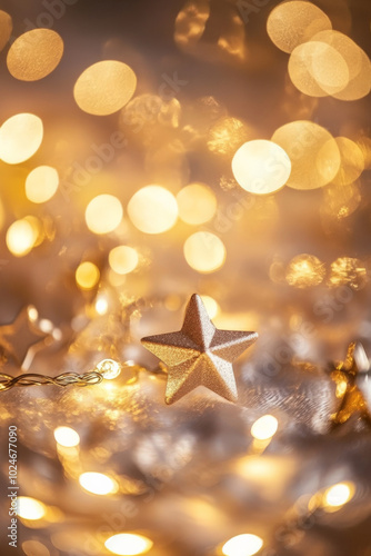 A golden, glowing backdrop filled with star-shaped lights and enhanced by a gentle bokeh effect. The stars shimmer softly, casting light across the background, where soft circles of light float and