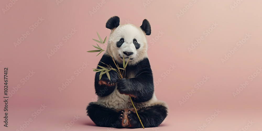A panda bear is sitting on a pink background and holding a bamboo stick. The bear is black and white A panda bear is sitting on a pink background and holding a bamboo stick. The bear is black and white