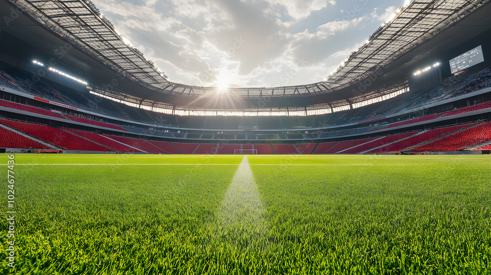 Fototapeta premium Wide-angle view of an empty football stadium with sunlight and green field