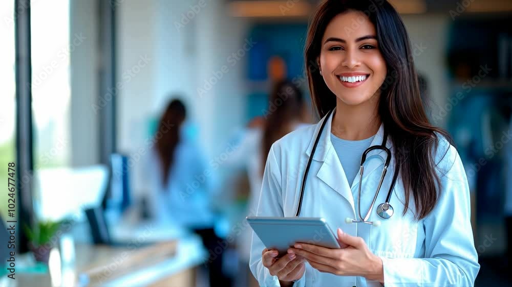 Confident female doctor in a white lab coat holding a tablet in a modern healthcare setting with medical professionals in the background Confident female doctor in a white lab coat holding a tablet in a modern healthcare setting with medical professionals in the background