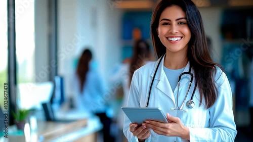 Confident female doctor in a white lab coat holding a tablet in a modern healthcare setting with medical professionals in the background