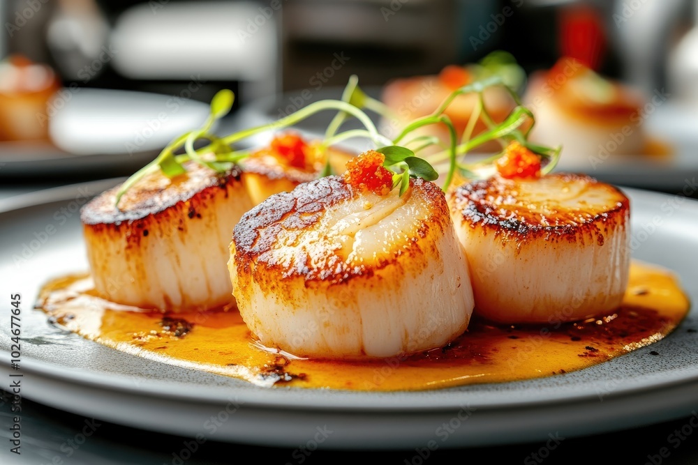 Grilled scallops with orange sauce. Perfect for showcasing the deliciousness of a gourmet meal. Grilled scallops with orange sauce. Perfect for showcasing the deliciousness of a gourmet meal.