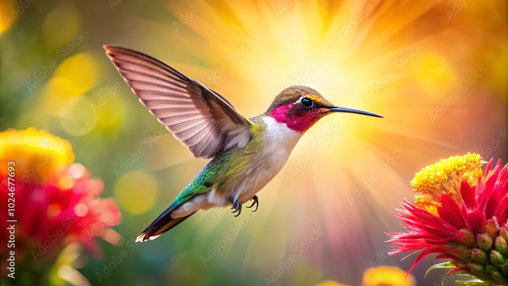 Fototapeta premium A Vibrant Hummingbird in Flight, Its Wings a Blur of Color as it Soars Towards a Cluster of Radiant Blossoms, Bathed in the Warm Glow of the Setting Sun.