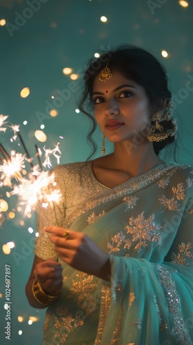 Portrait of Indian woman in pastel green saree with floral embroidery, holding sparklers, in front of a gradient glowing background shifting from pastel green to light blue, Indian traditional Diwal photo