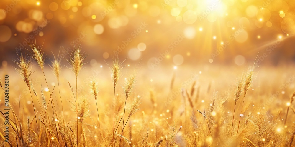 Fototapeta premium Soft golden bokeh background with dry grass in summer season