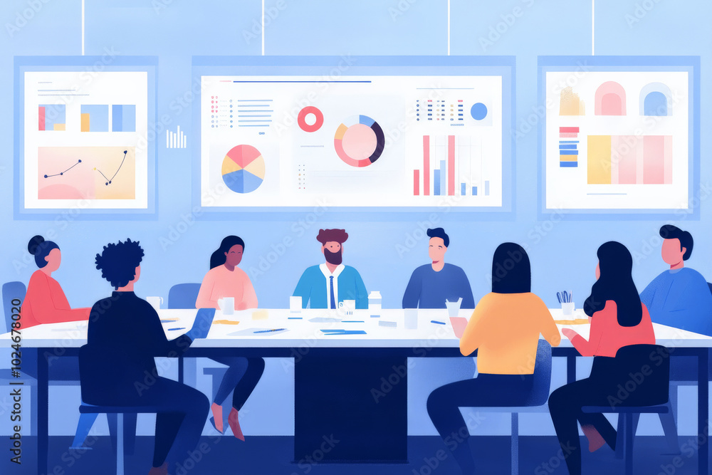 A dynamic business meeting scene where a diverse group of professionals collaborates around a large table, brainstorming ideas for a winning business model. Colorful charts and graphs are displayed on A dynamic business meeting scene where a diverse group of professionals collaborates around a large table, brainstorming ideas for a winning business model. Colorful charts and graphs are displayed on