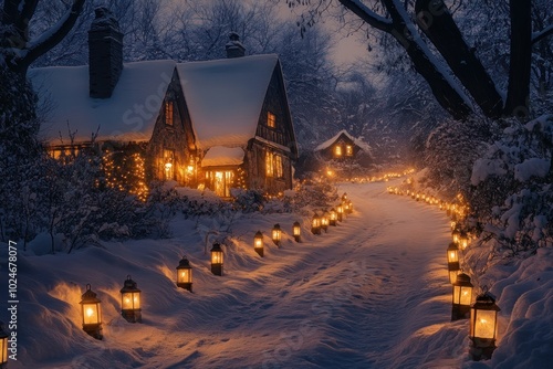 A snow-covered pathway lined with glowing lanterns leads to a charming cottage with warm light shining from the windows.