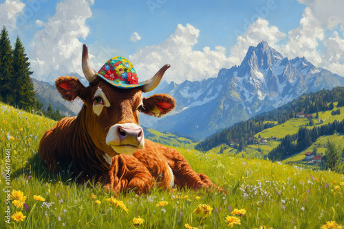 A delightful scene features a goofy cow lounging in a green meadow, wearing a colorful hat, with the majestic Alps towering in the distance. The cow's playful demeanor and the beautiful landscape come photo