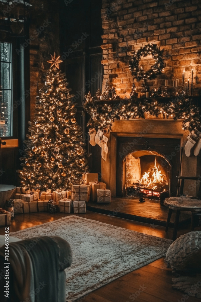 A cozy room with a fireplace glowing warmly and a Christmas tree in the corner, adorned with twinkling lights and ornaments. The soft glow of holiday lights fills the space, creating a festive and A cozy room with a fireplace glowing warmly and a Christmas tree in the corner, adorned with twinkling lights and ornaments. The soft glow of holiday lights fills the space, creating a festive and