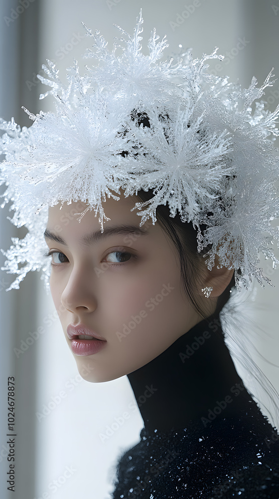 Closeup woman face with jewelry and hat made of snowflakes fashion shot Closeup woman face with jewelry and hat made of snowflakes fashion shot