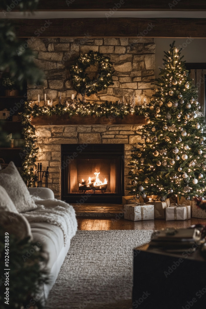 A cozy room with a fireplace glowing warmly and a Christmas tree in the corner, adorned with twinkling lights and ornaments. The soft glow of holiday lights fills the space, creating a festive and A cozy room with a fireplace glowing warmly and a Christmas tree in the corner, adorned with twinkling lights and ornaments. The soft glow of holiday lights fills the space, creating a festive and