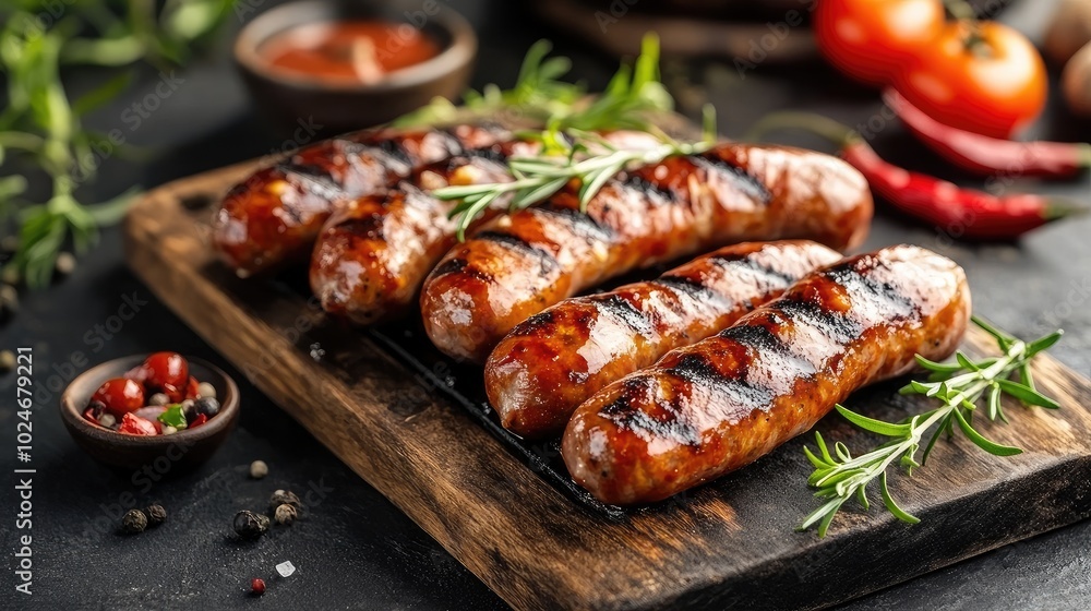 Grilled sausages on a wooden board. Perfect for use in a food blog, recipe website, or other culinary related content. Grilled sausages on a wooden board. Perfect for use in a food blog, recipe website, or other culinary related content.