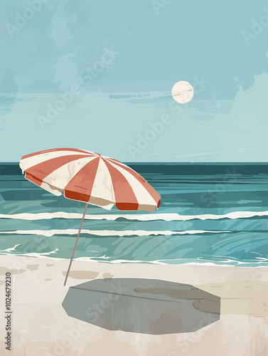 Minimalist beach scene illustration with striped beach umbrella. Calming seaside vibe perfect for summer, vacations, and relaxation themes. Soft pastel color palette enhances tranquil atmosphere.