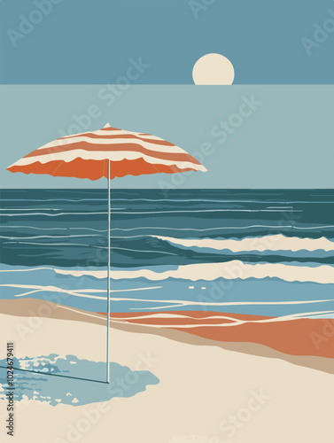 Minimalist beach scene illustration with striped beach umbrella. Calming seaside vibe perfect for summer, vacations, and relaxation themes. Soft pastel color palette enhances tranquil atmosphere.