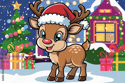 A pop art style illustration of a cute reindeer wearing Santa's hat. The reindeer is standing on a snowy ground.