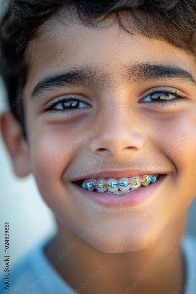 A close-up of a young Arabian boy smiling widely, showcasing his colorful braces. His eyes sparkle with joy, and the soft background highlights his cheerful demeanor, capturing the excitement of his A close-up of a young Arabian boy smiling widely, showcasing his colorful braces. His eyes sparkle with joy, and the soft background highlights his cheerful demeanor, capturing the excitement of his
