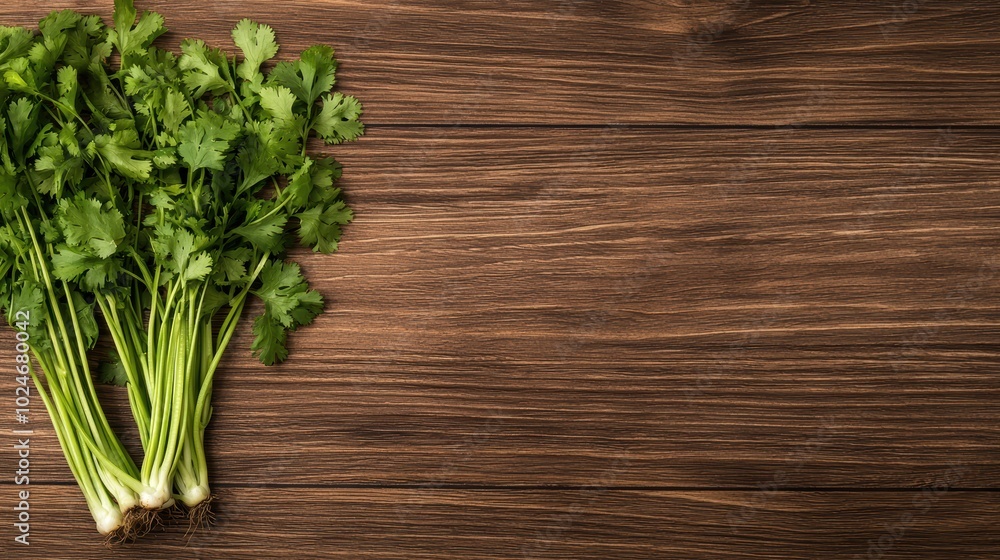 vibrant bunch of fresh coriander with roots still attached resting on a rustic wooden table surrounded by sliced vegetables and spices vibrant bunch of fresh coriander with roots still attached resting on a rustic wooden table surrounded by sliced vegetables and spices