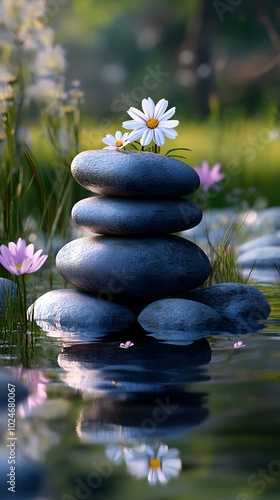 Balanced stones stacked on top, with peach blossoms and green leaves