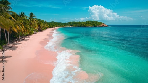 A beautiful beach with a pink sand and a blue ocean