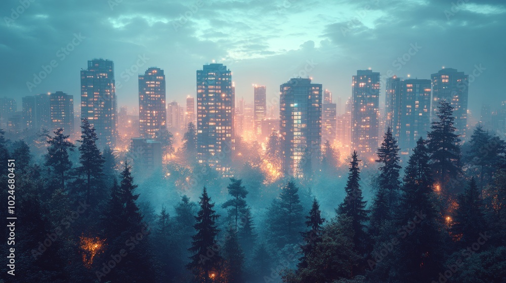 Obraz premium Urban Forest Fusion, a vibrant blend of lush trees and towering skyscrapers under the twilight sky, showcasing nature's embrace of urban life