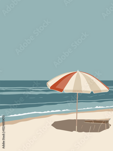 Minimalist beach scene illustration with striped beach umbrella. Calming seaside vibe perfect for summer, vacations, and relaxation themes. Soft pastel color palette enhances tranquil atmosphere.