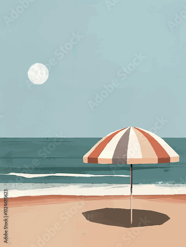 Minimalist beach scene illustration with striped beach umbrella. Calming seaside vibe perfect for summer, vacations, and relaxation themes. Soft pastel color palette enhances tranquil atmosphere.